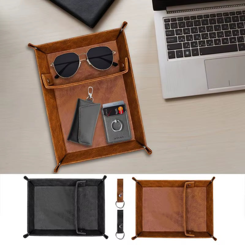 Leather Valet Tray for Men PU Leather Organizer Desk Catchall Tray Bedside Nightstand Desk Tray with Dividers for Bathroom